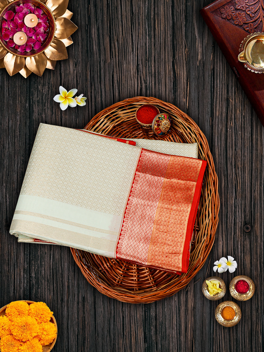 Premium Pure Silk Grey Dhoti With Angavastram 3" Red Fancy Jari Border Agarshanaa-View one