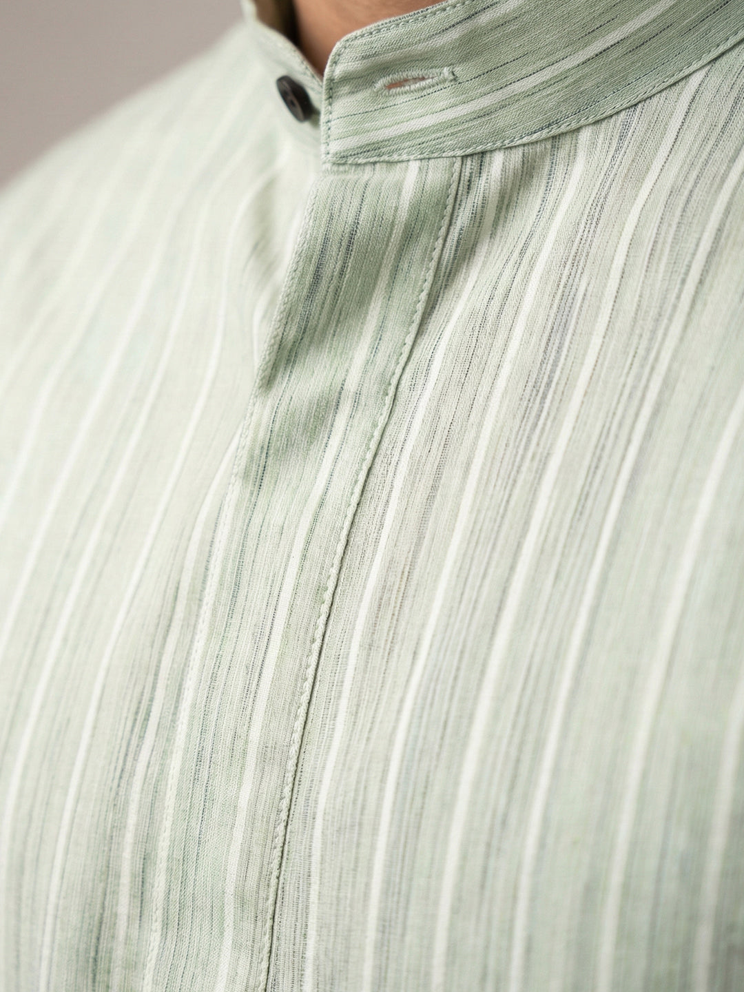 Men Cotton Medium Length Striped Pocket Kurta Light Green RN50