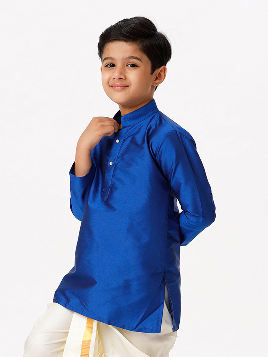 Boys Silk Cotton Full Sleeves Royal Blue Kurta-Side view