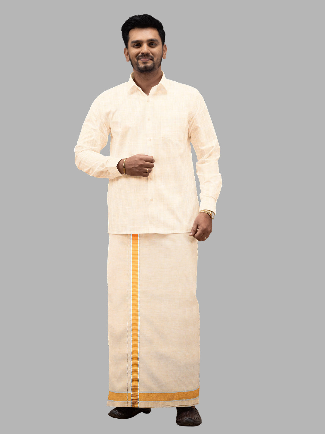 Men Tissue Single Layer Dhoti Gold with Fancy Jari Border TG