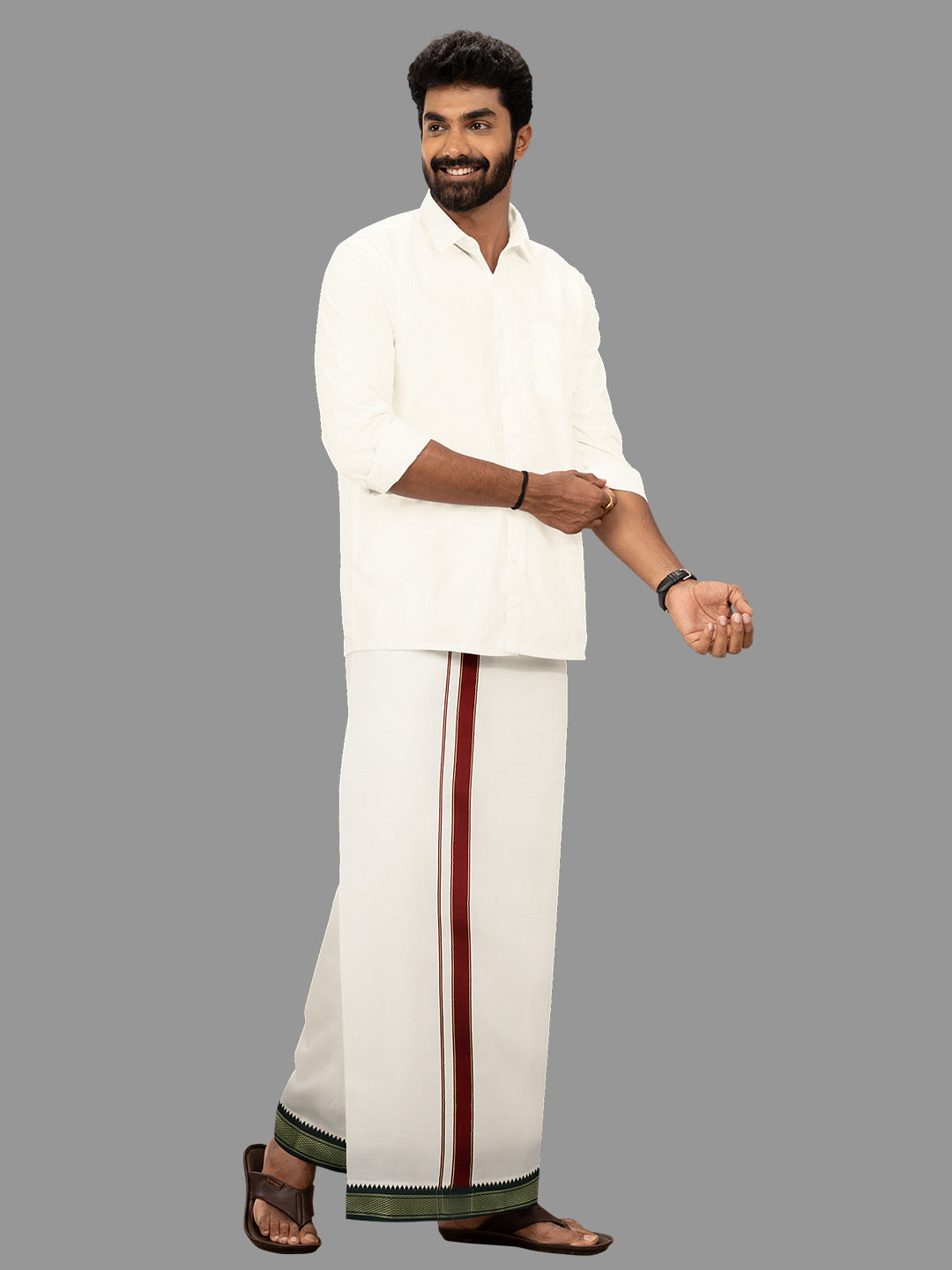 Men Kora Cotton Single Layer Dhoti with Mayilkhan Border Brindhavan (4 Way Dhoti )