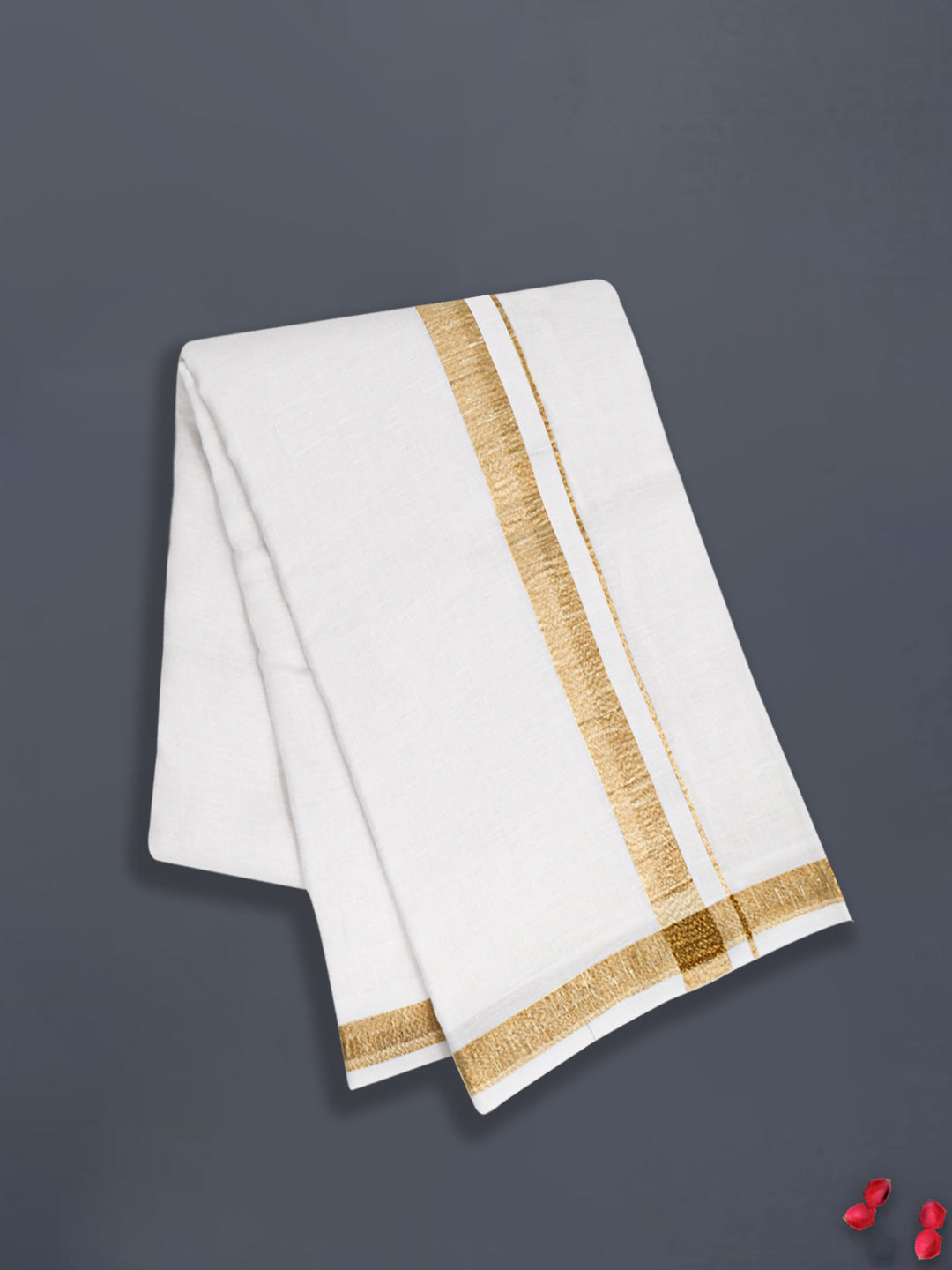 Men Pure Linen Double Layer White Dhoti with Gold Jari Border