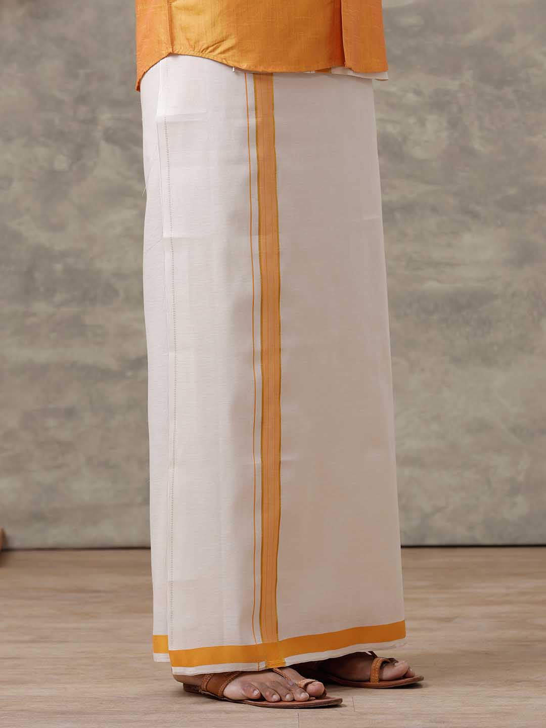 Men Cotton Blend Mustard Shirt and Tissue Dhoti Set VB2