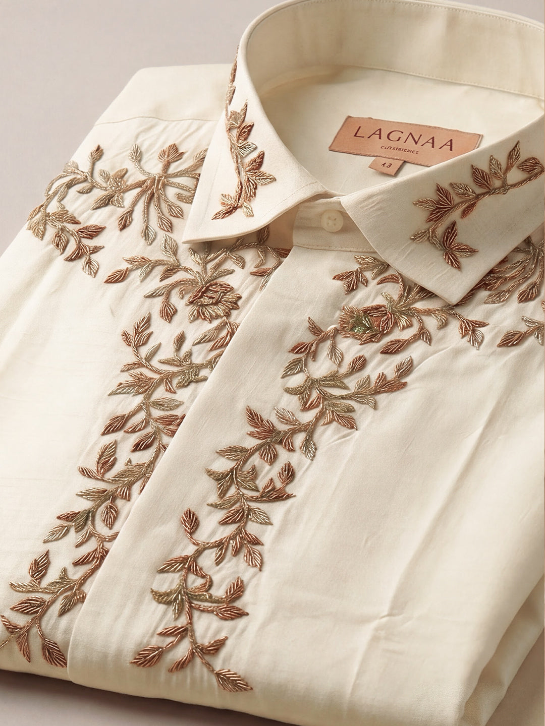 Premium Pure Silk Hand Embroidered Customized Shirt & Dhoti Set with Double Sided Leaf Vine Jari Work | Astra Varman