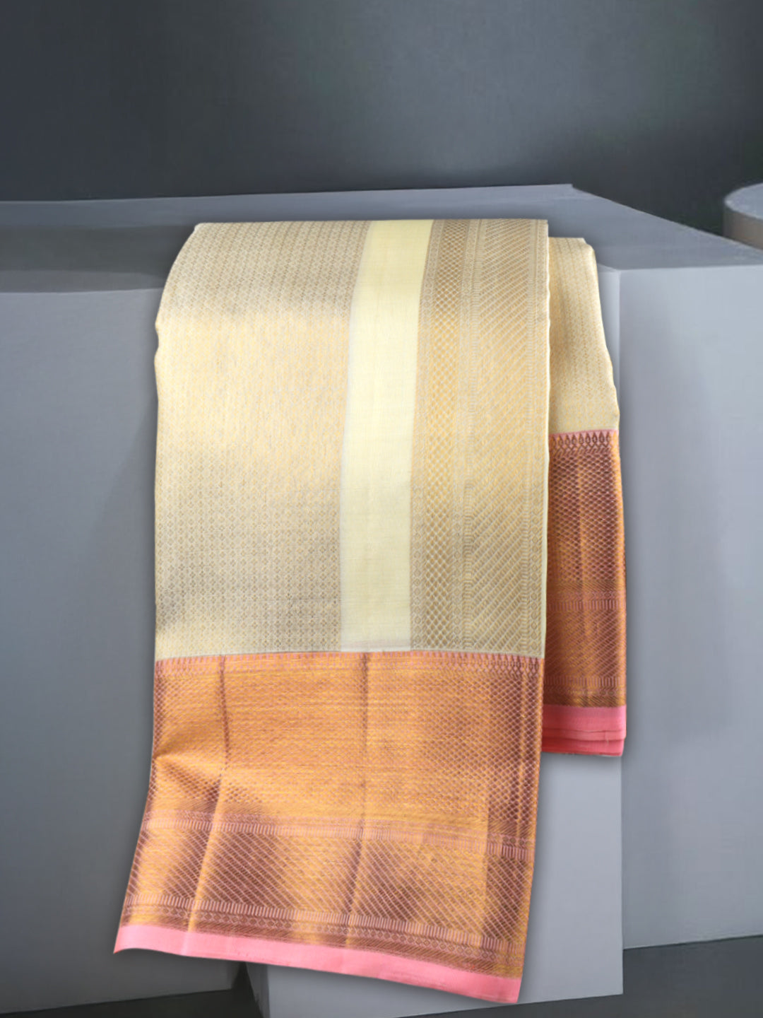 Men Premium Pure Silk Dhoti & Towel Set with 6" inch Gold Jari Border Amirtham AM10