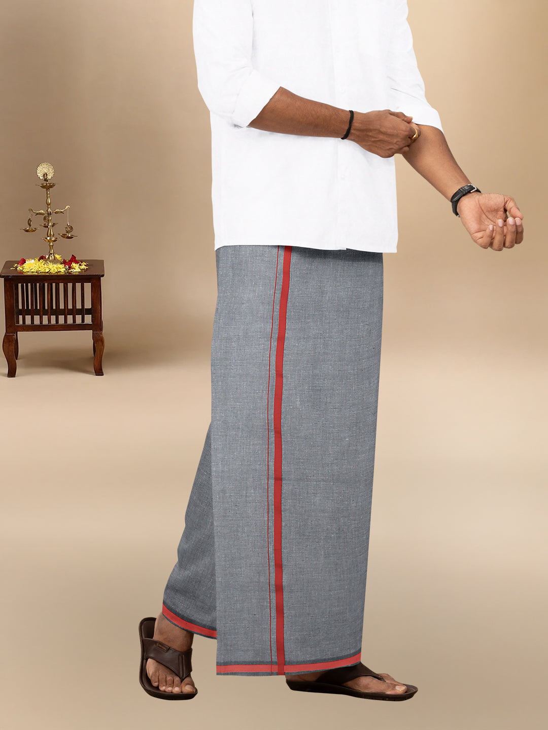 Men Cotton Blend Single Layer Grey Dhoti with Big Border YSG03