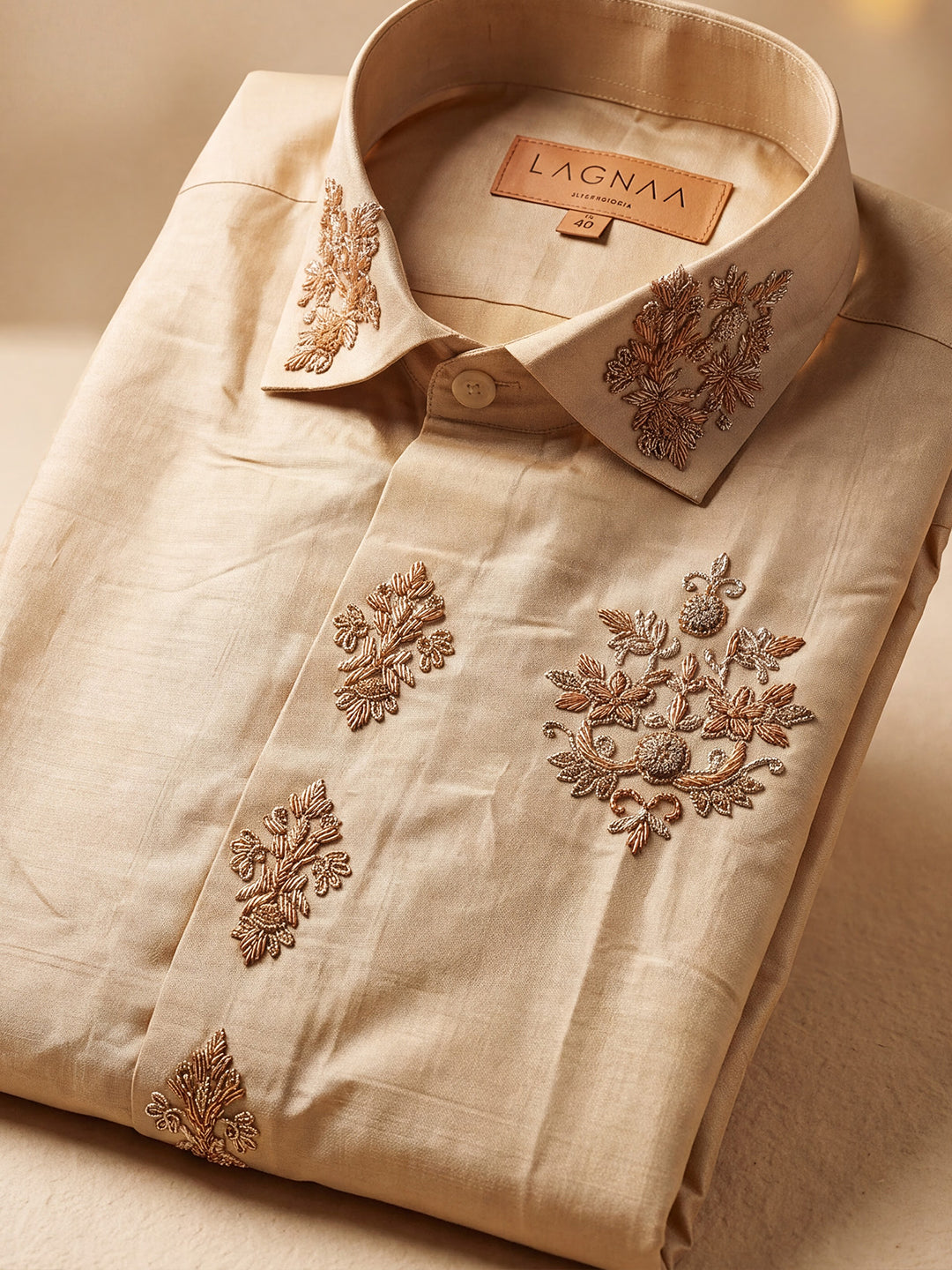 Premium Pure Tussar Silk Hand Embroidered Shirt & Dhoti Set with Royal Butta Detailing Signature Chest Emblem Jari | Rajarudhran