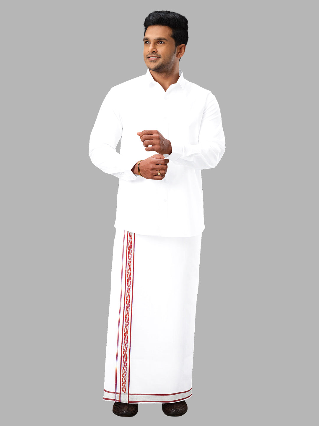 Men Cotton Blend Single Layer White Dhoti with Fancy Jari Border