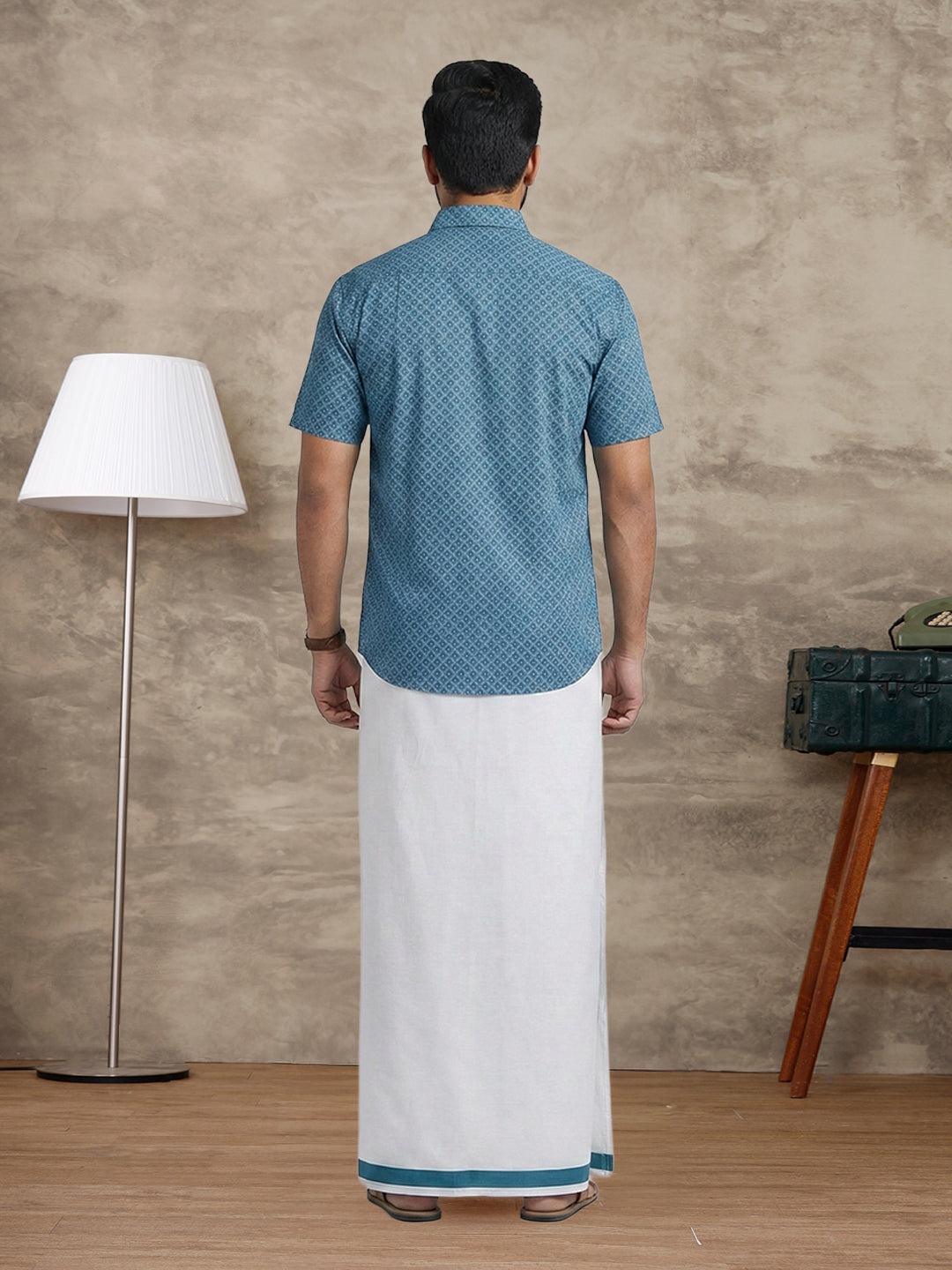 Men Teal Blue Matching Border Dhoti With Printed Shirt Set Fusion PS27