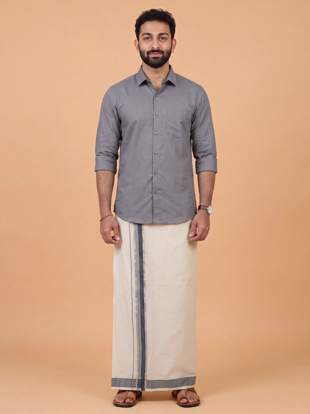 Double Layer Kora Cotton Cream Dhoti with Colour Jari Border - Excel 3.9m ESJ01