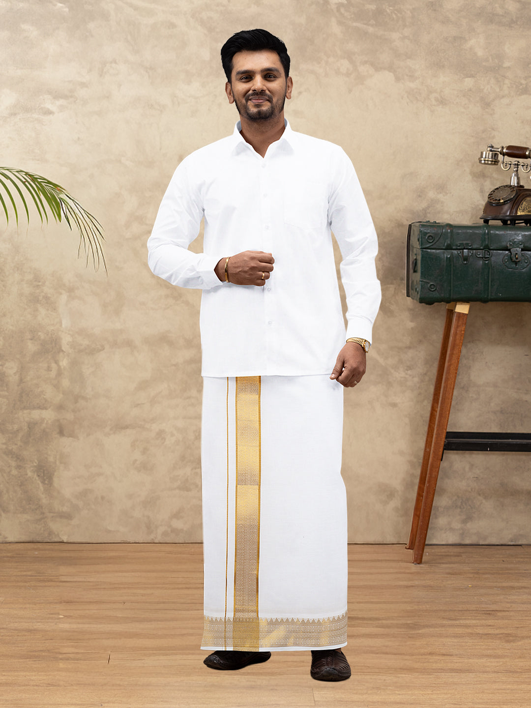 Men 100% Cotton Single Layer White Dhoti with Gold Jari Border Aura 301