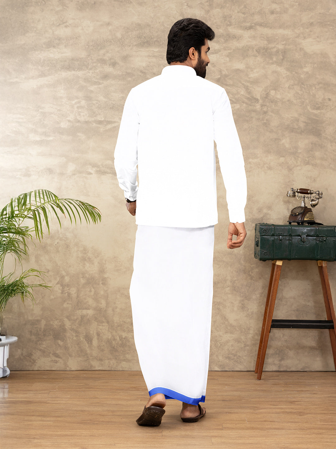 Men Cotton Blend Double Layer White Dhoti with Fancy Border TF08