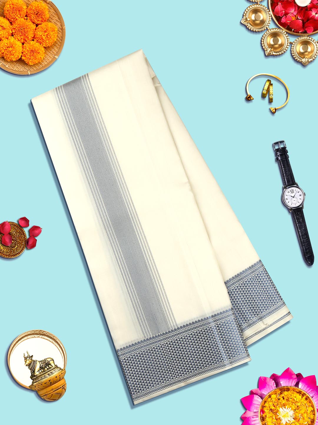 Premium Pure Silk Cream Dhoti With Angavastram,Blue Fancy Jari Border Amirtham-View two