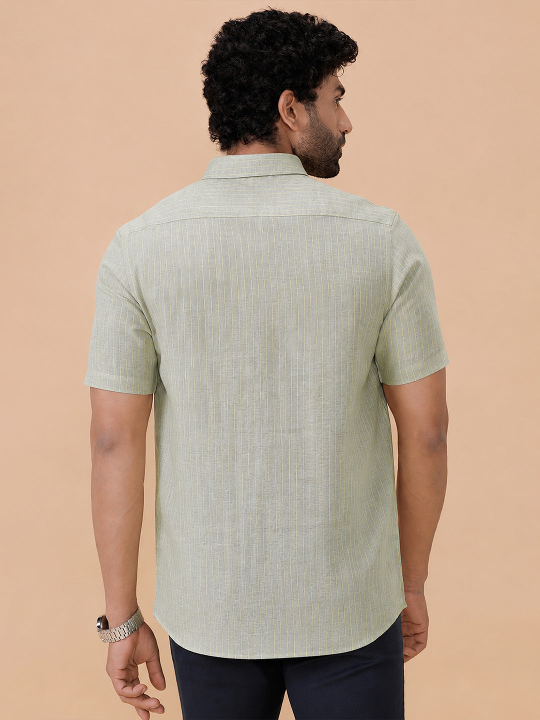 Men Pure Linen Striped Shirt Pale Green LS34