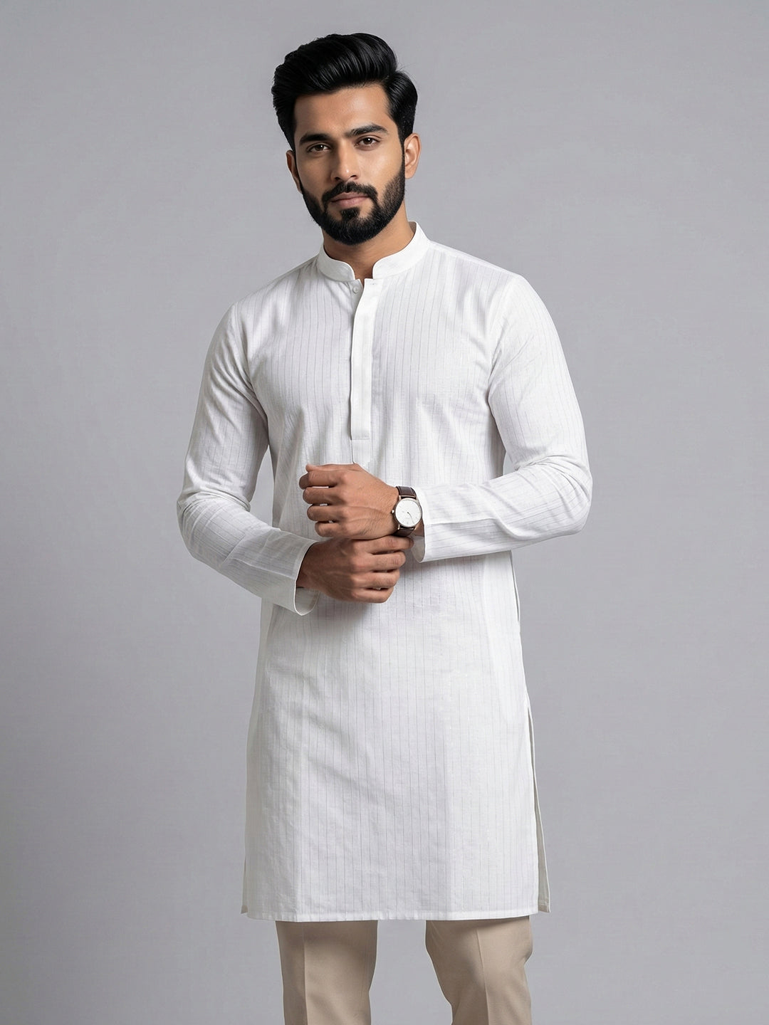 Men Cotton Medium Length Striped Pocket Kurta White RN42
