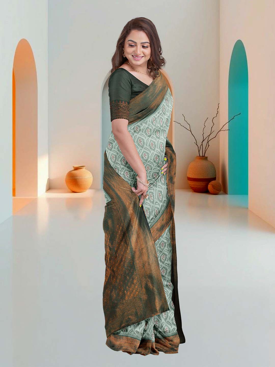 Women Green Art Silk Printed Saree ASS50