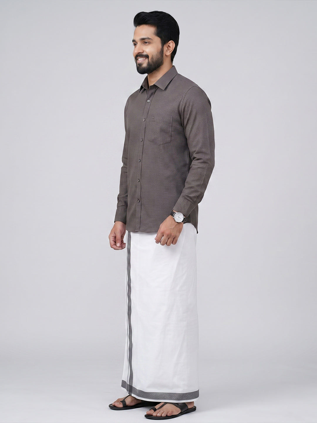 Men Greyish Black Matching Border Dhoti With Printed Shirt Set Windsor HNJ7