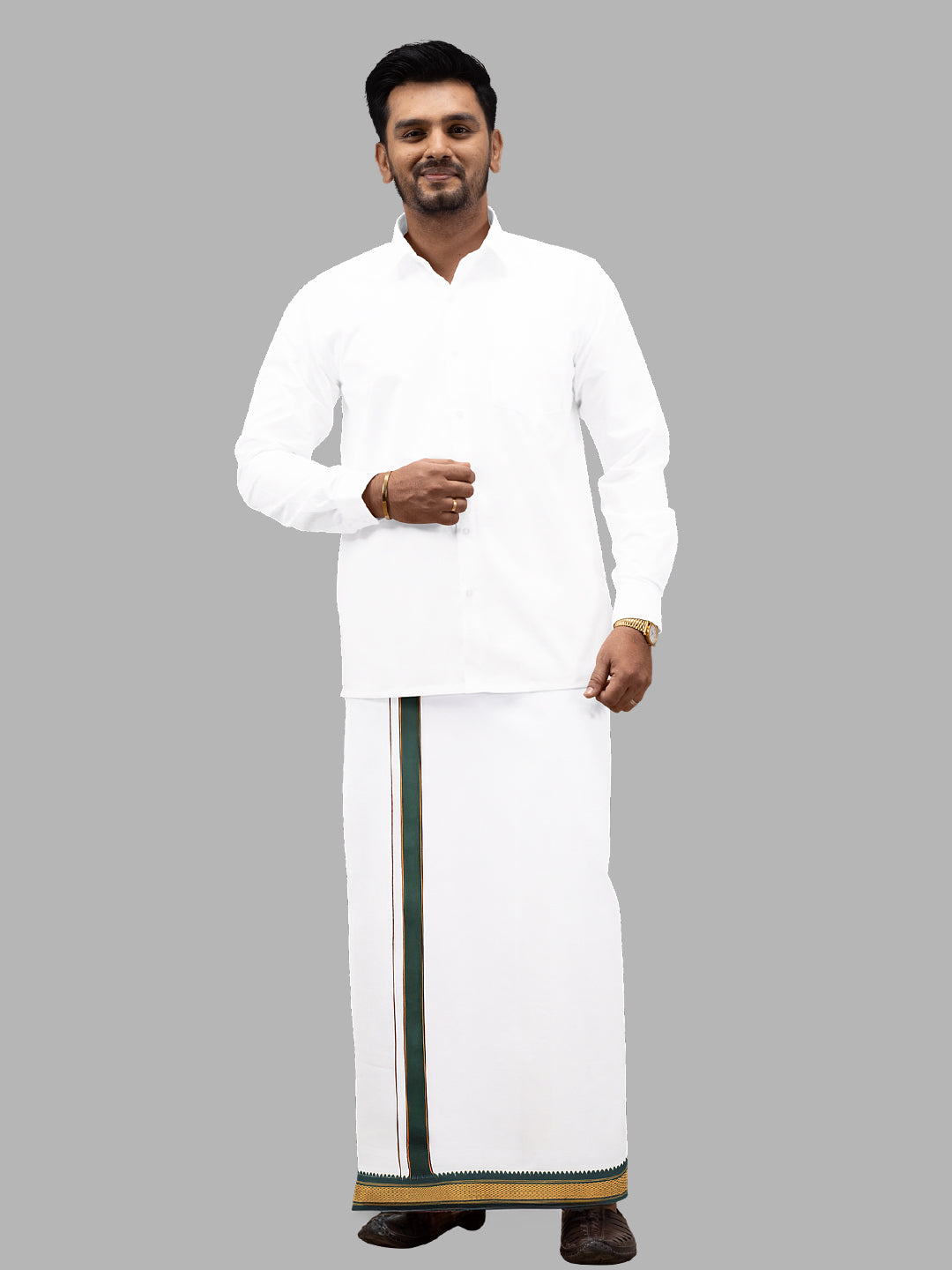 Men 100% Cotton Single Layer White Dhoti Mayilkhan Border Brindhavan