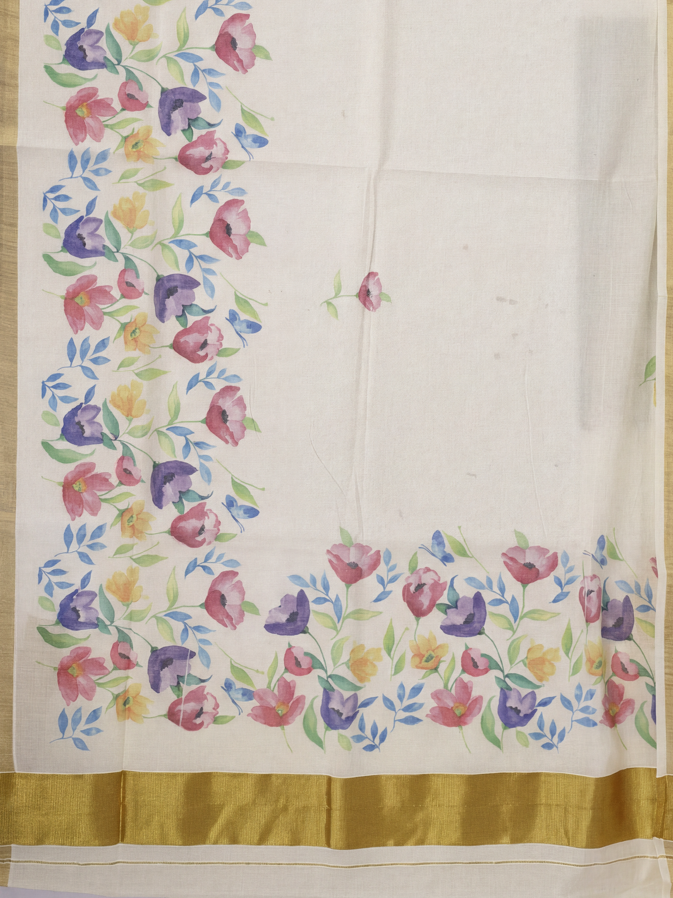 Women Kora Cotton Cream Printed Kerala Saree KLS13