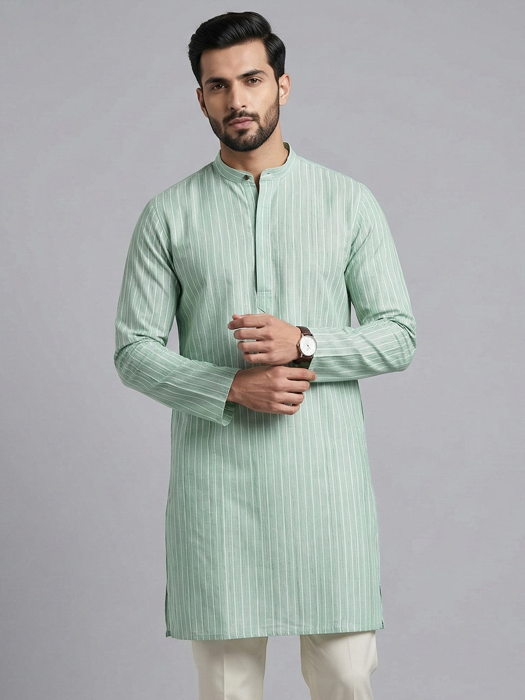 Men Cotton Medium Length Striped Pocket Kurta Pale Green RN51