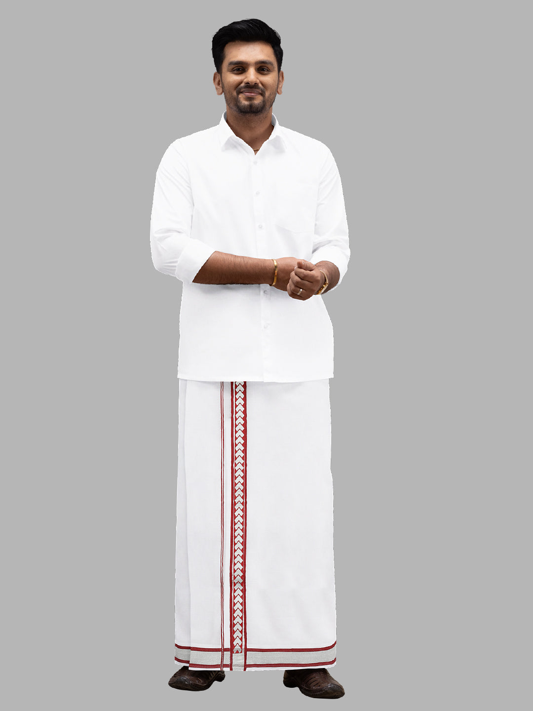 Men Cotton Blend Double Layer White Dhoti with Fancy Jari Border 02