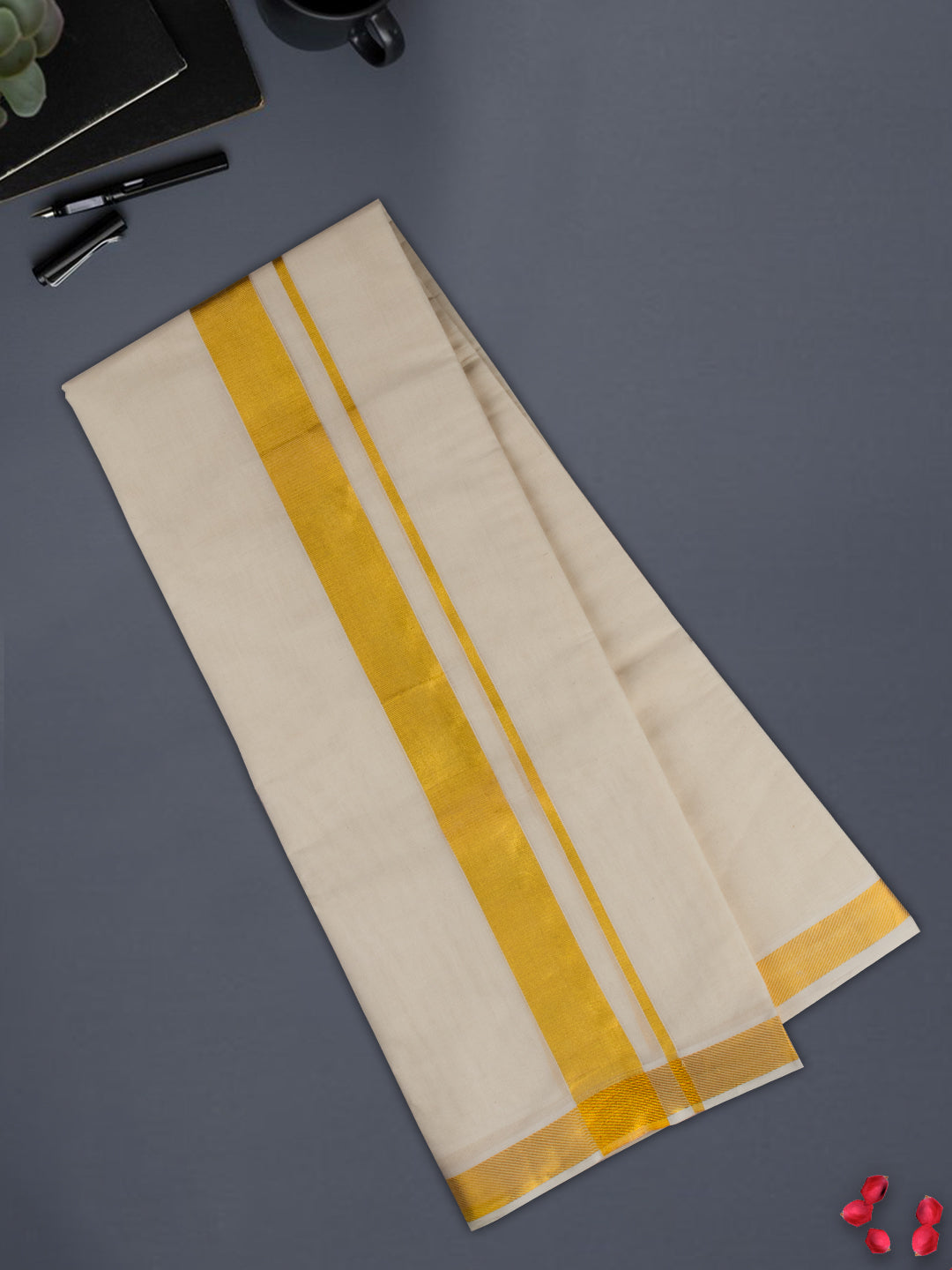 Men 100% Cotton Gold Border Double Dhoti Luxury Club Aroma