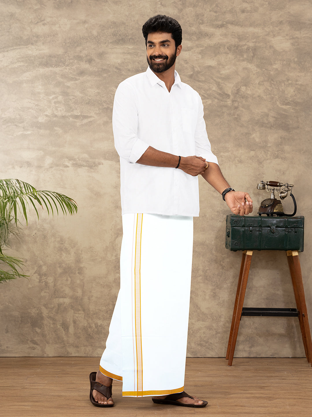 Men Cotton Blend Single Layer White Dhoti with Fancy Border WP27