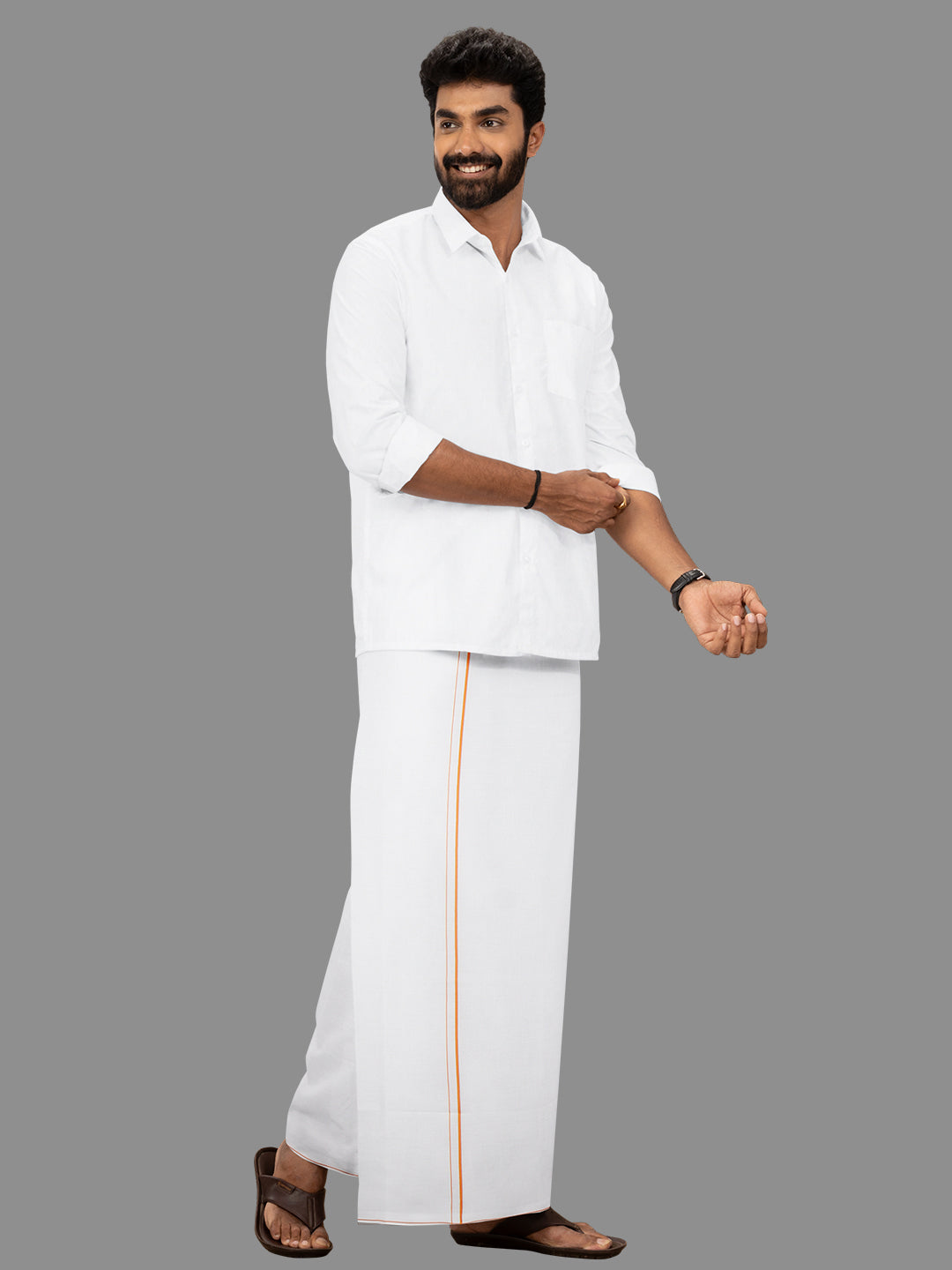 Men Cotton Blend Single Layer White Dhoti with Small Border Moontex