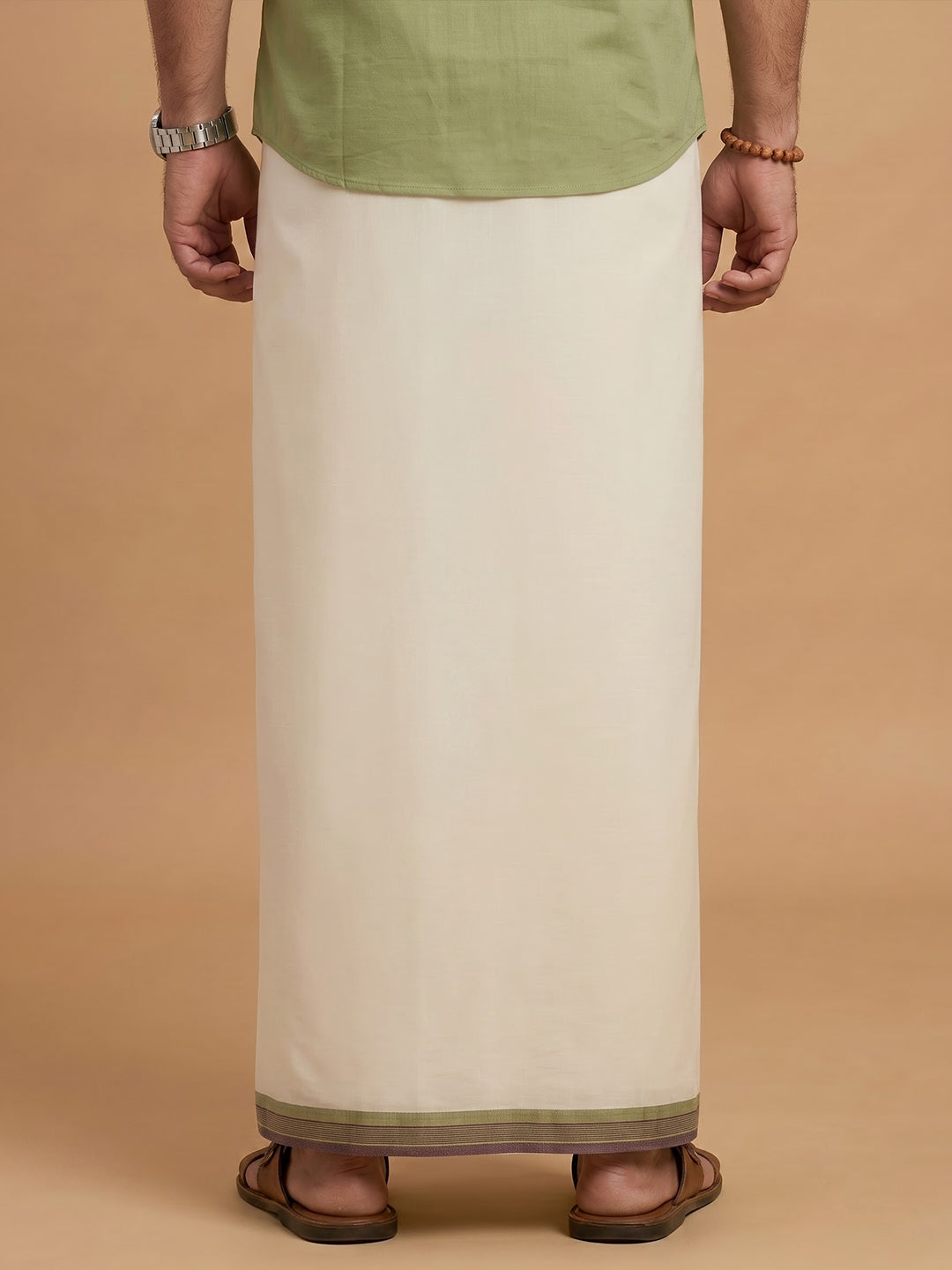 Double Layer Supima Cotton Cream Kora Dhoti with Colour Jari Border - LC43