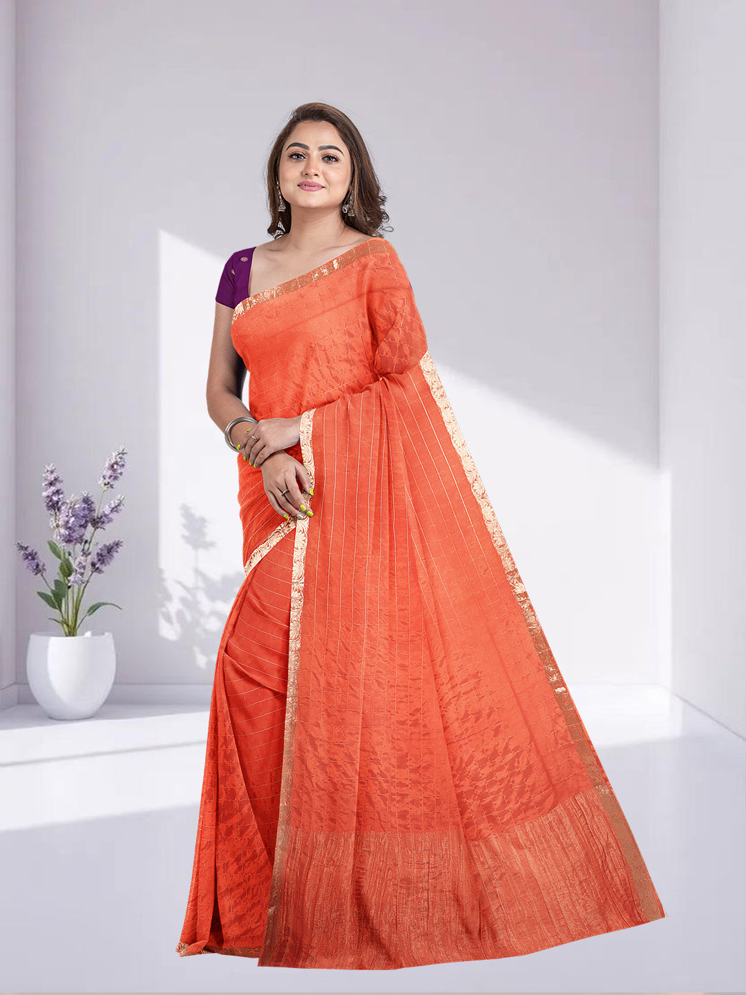 Women Orange Semi Silk Saree SS345