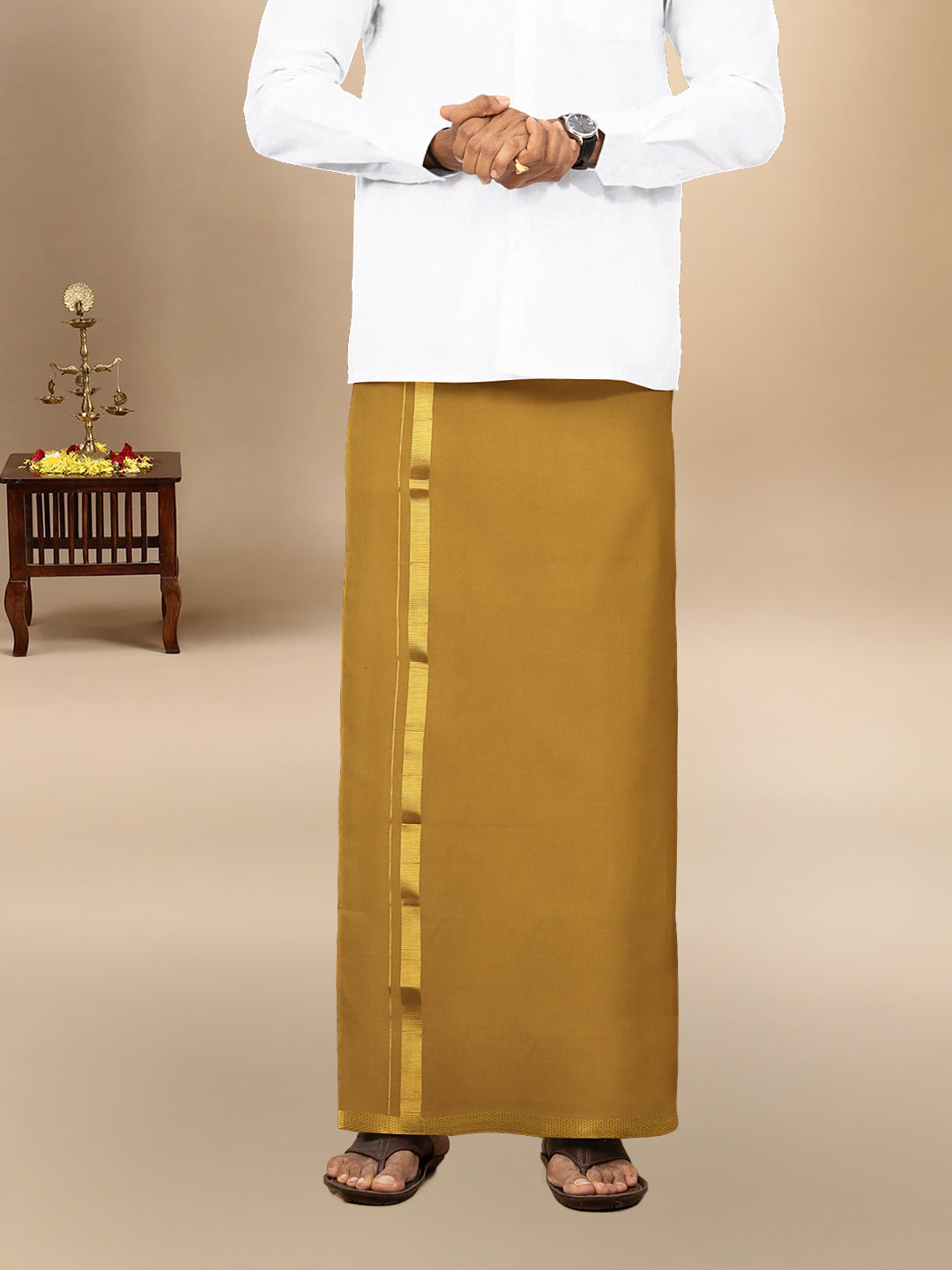 Men Cotton Blend Single Layer Mustard Dhoti with Gold Jari Border Cosmic