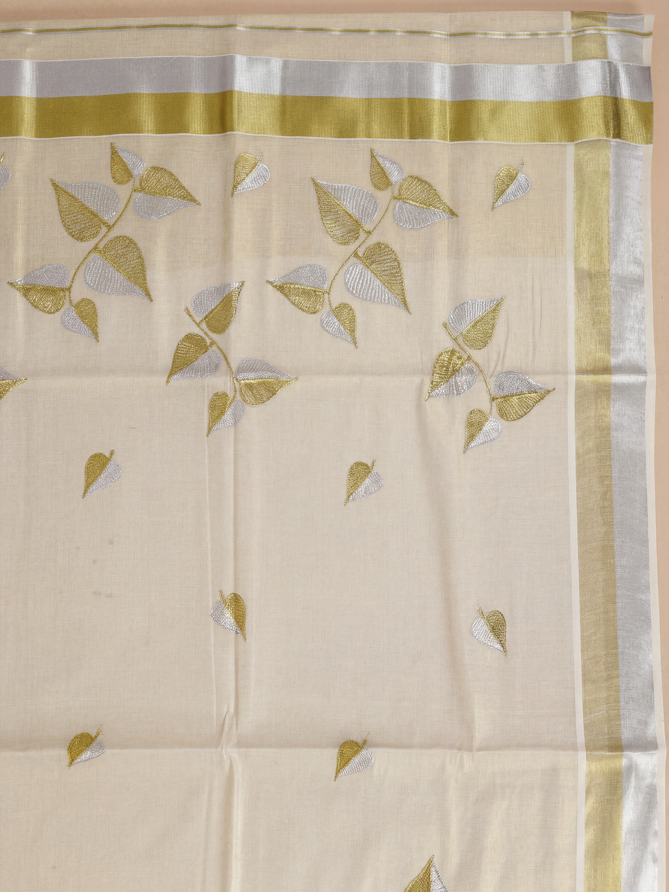 Women Tissue Cream Embroidered Kerala Saree KLS16