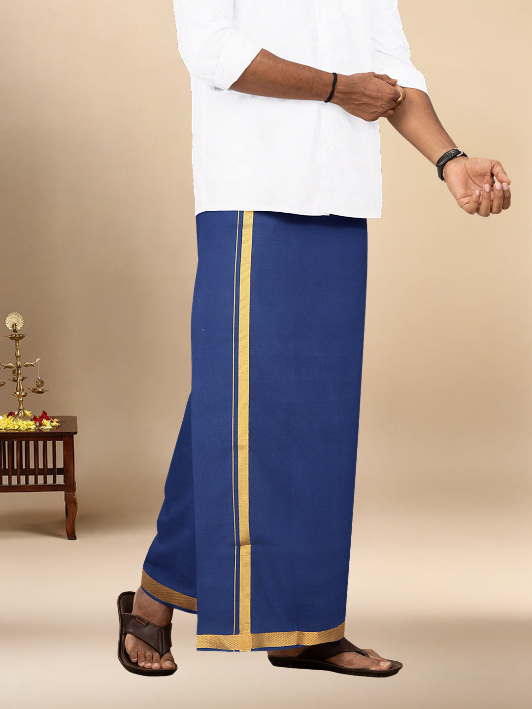 Men Cotton Blend Single Layer Blue Dhoti with Gold Jari Border Cosmic