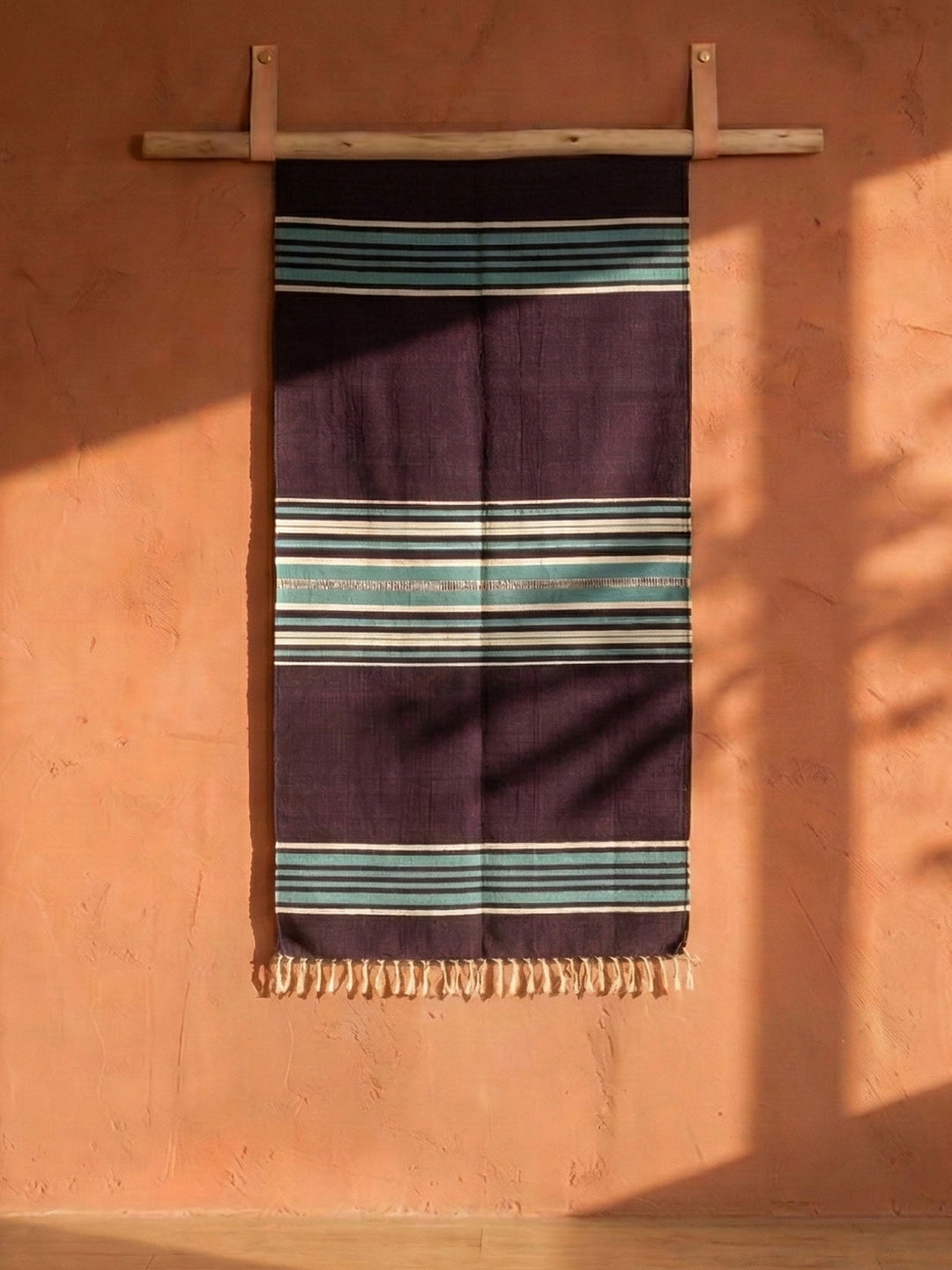 Bhavani Jamakkalam / Handwoven Cotton Carpet Dark Purple Base with White & Blue Stripes (3.25 ft × 6.5 ft)