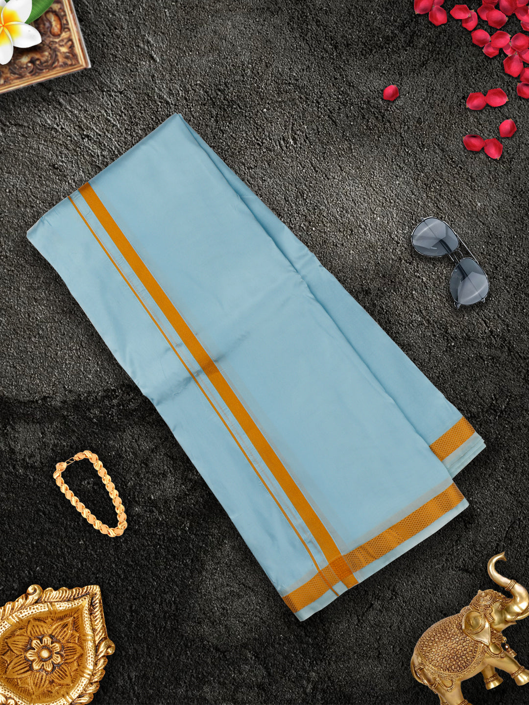 Mens Premium Art Silk Sky Blue Shirting & Gold Jari Border Panchakacham Set 9+5 Ashirwath-View three