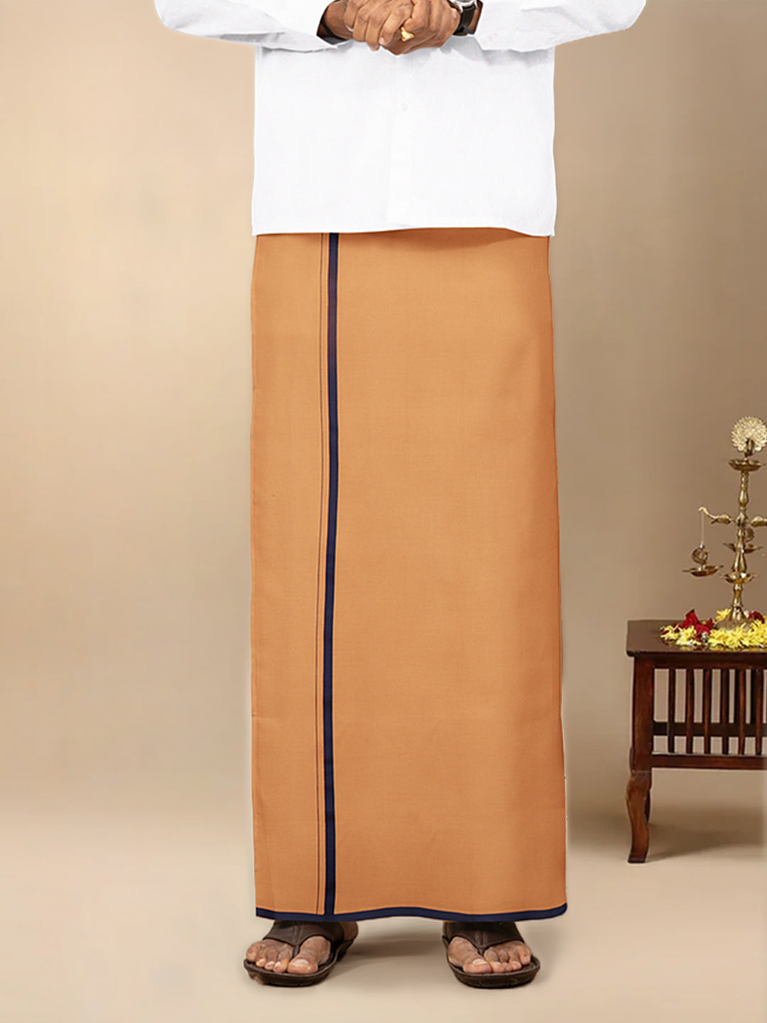 Men Cotton Blend Single Layer Kaavi Dhoti & Towel Set with Navy Border Poojan