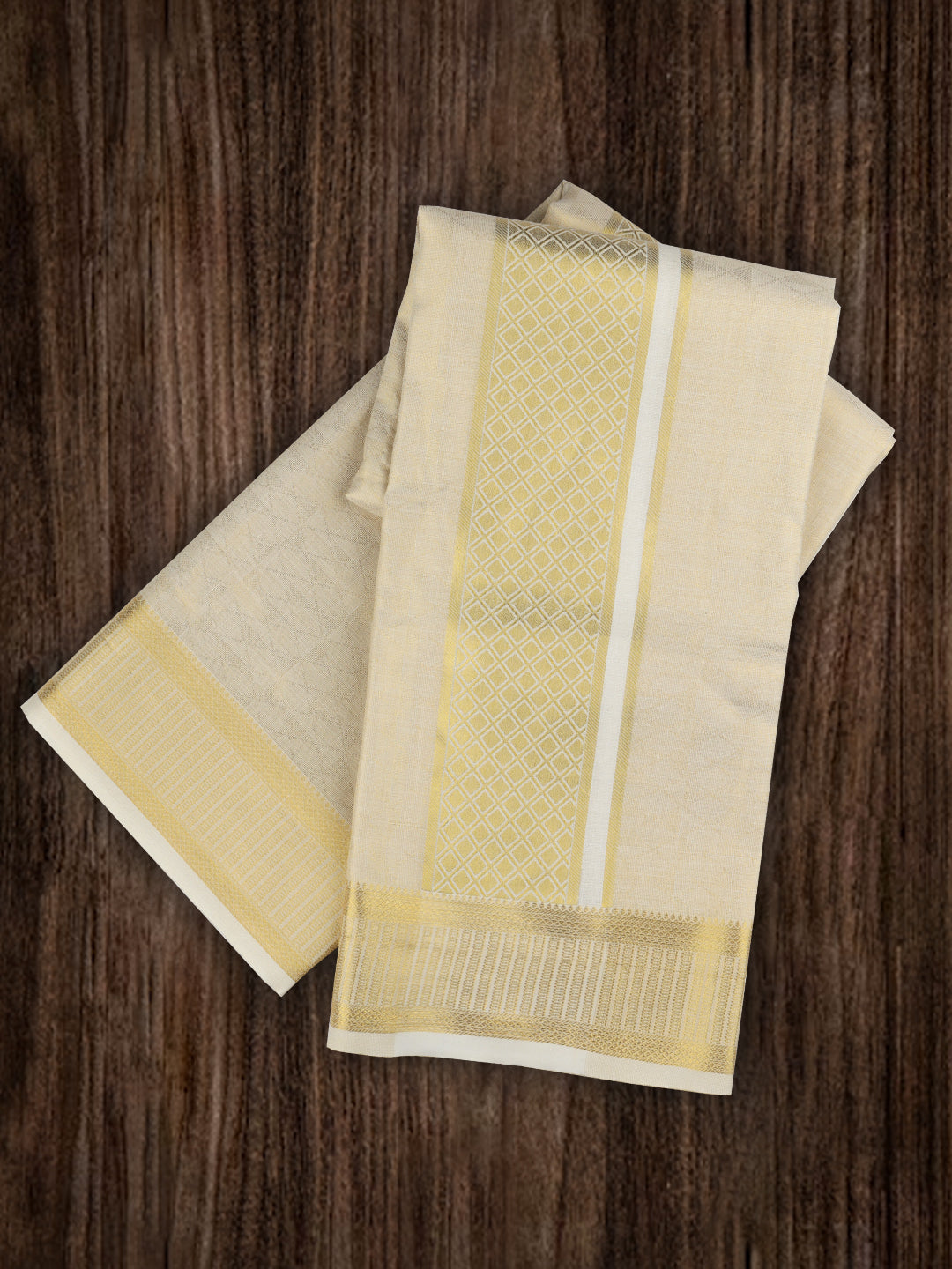 Men Tissue Dhoti Shirting & Towel Set Cream Golden Glory GG01