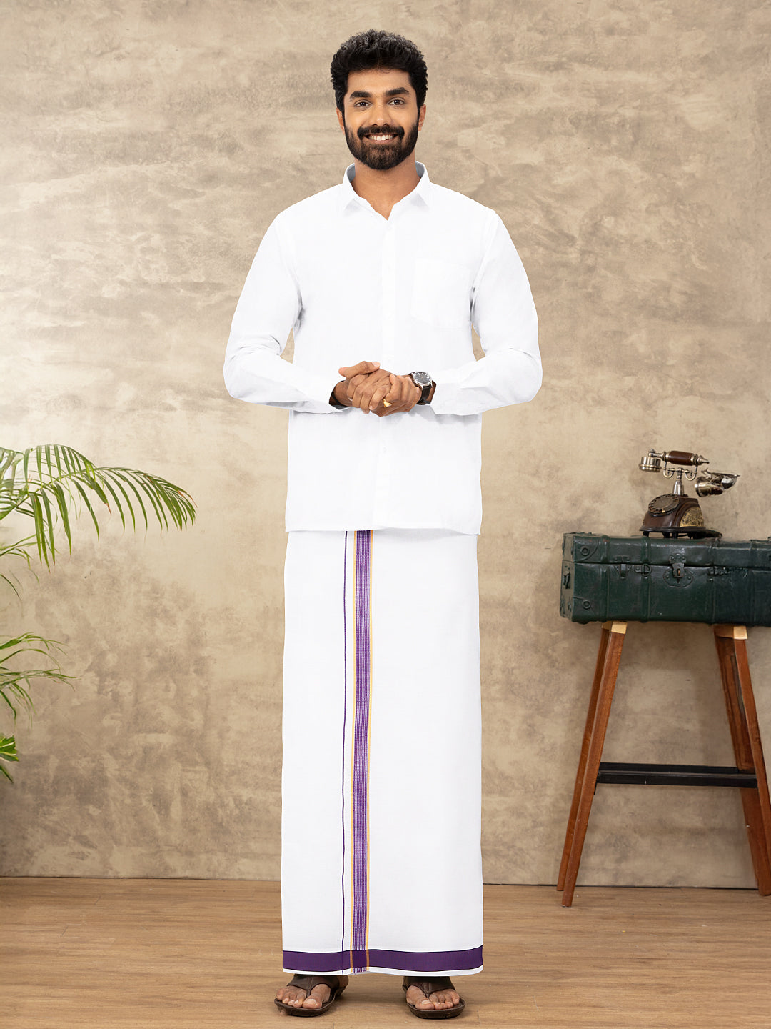 Men Cotton Blend Single Layer White Dhoti with Fancy Jari Border WGF11