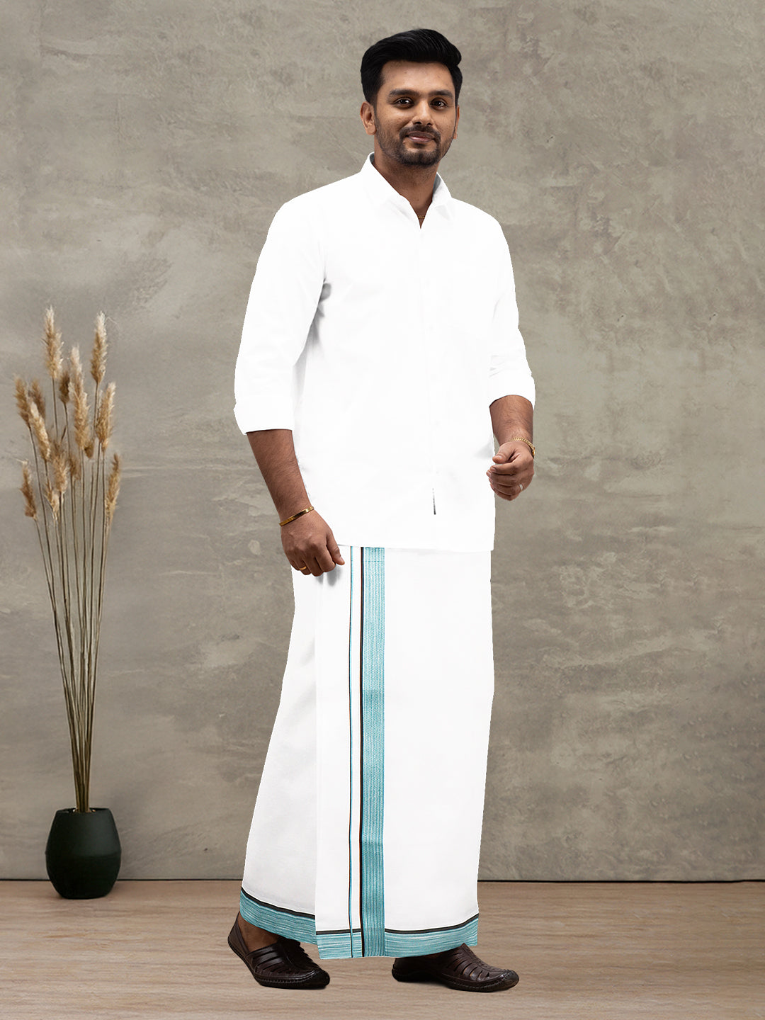 Men 100% Cotton Double Layer White Dhoti with Fancy Border PMF8