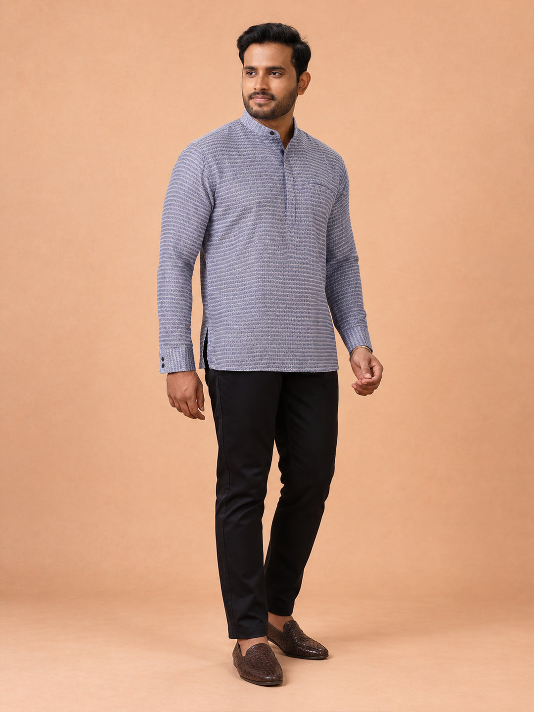 Cotton Short Length Self Design Pocket Kurta Denim Blue RJ44