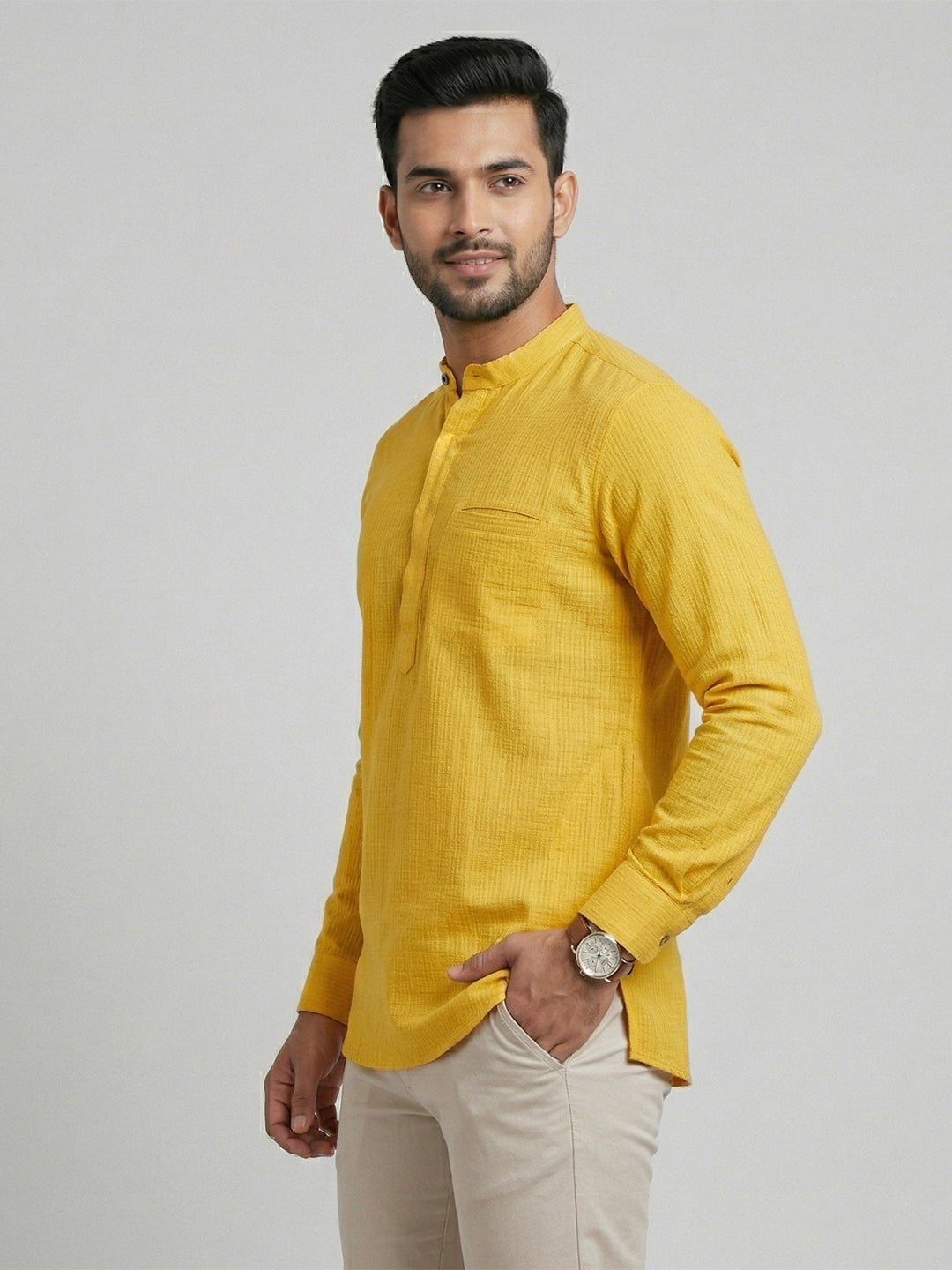 Men Cotton Short Length Self Design Pocket Kurta Honeycomb Yellow Y25