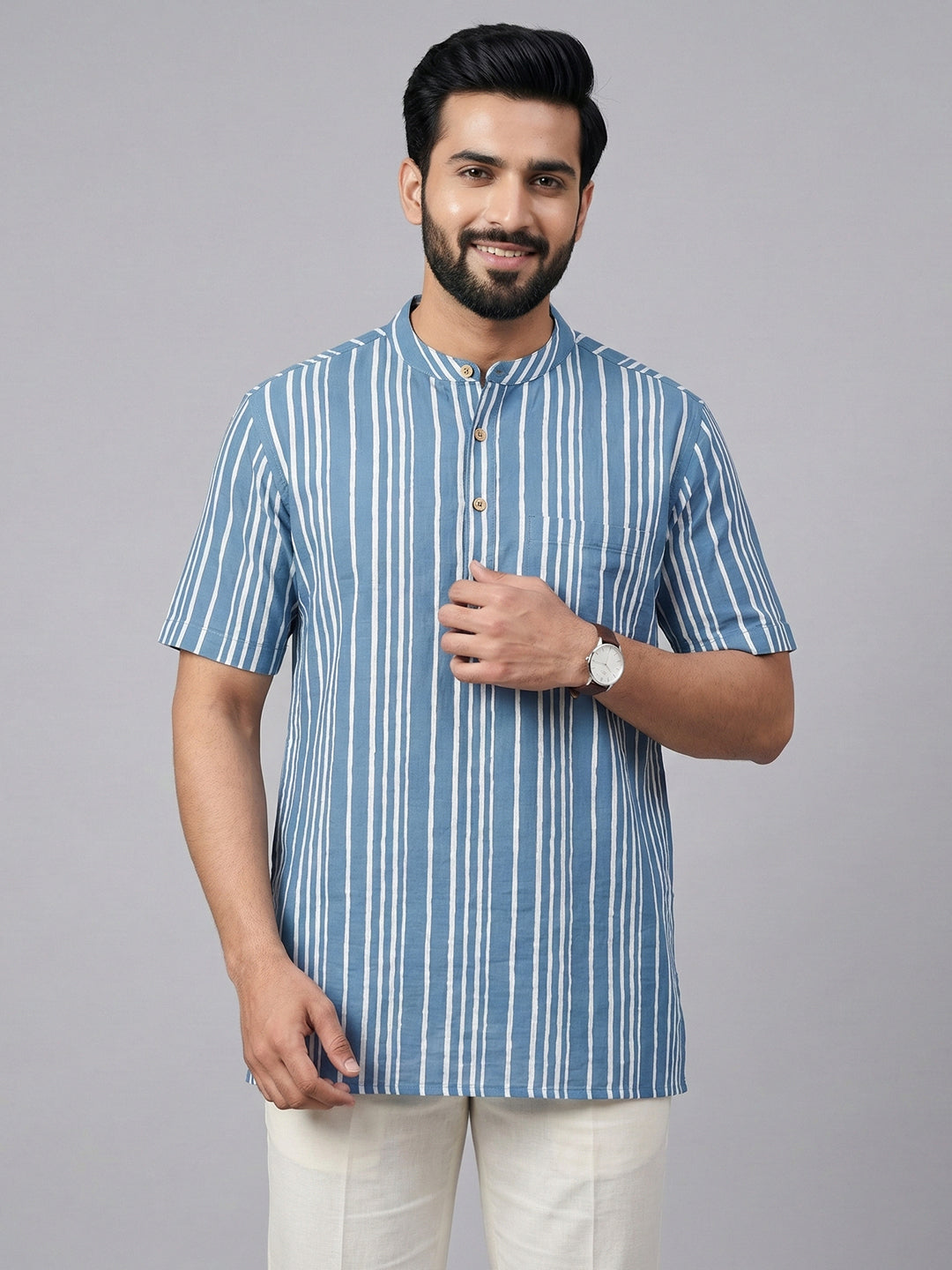 Men Cotton Short Length Pocket Kurta Mid Blue OG5