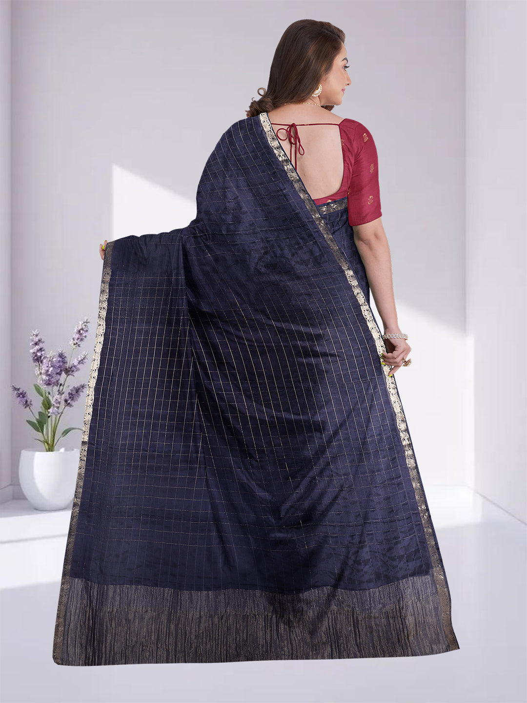 Women Navy Blue Semi Silk Saree SS346