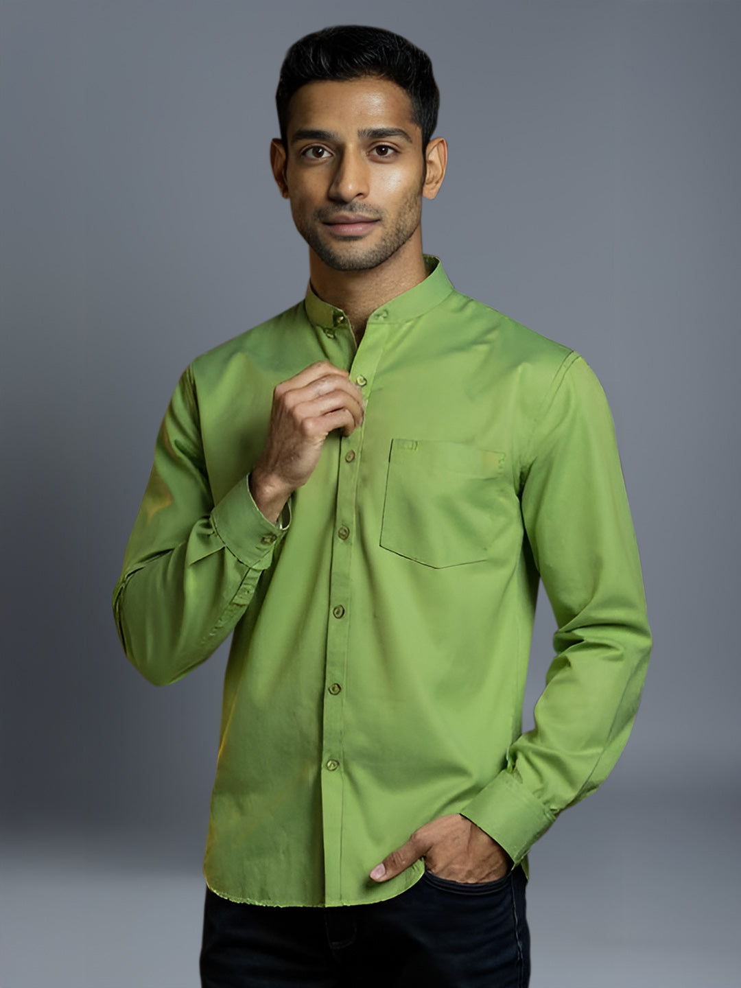 Men Yellowish Green Linen Cotton Chinese Collar Shirt LF9