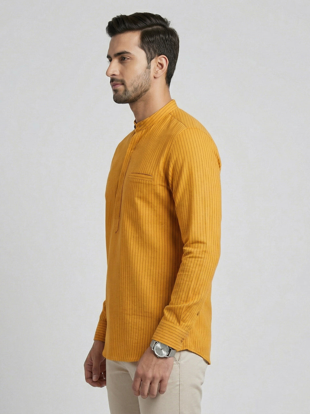 Cotton Short Length Self Design with Stripes Pocket Kurta Orange Saffron Y29