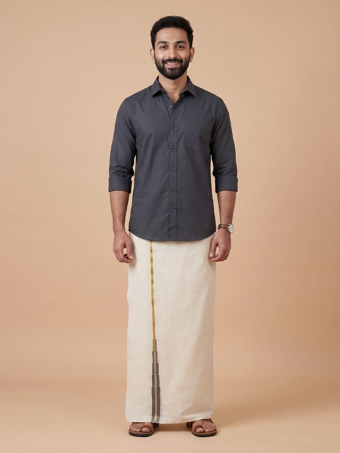 Double Layer 100% Cotton Cream Kora Dhoti with Colour Jari Border - LC52