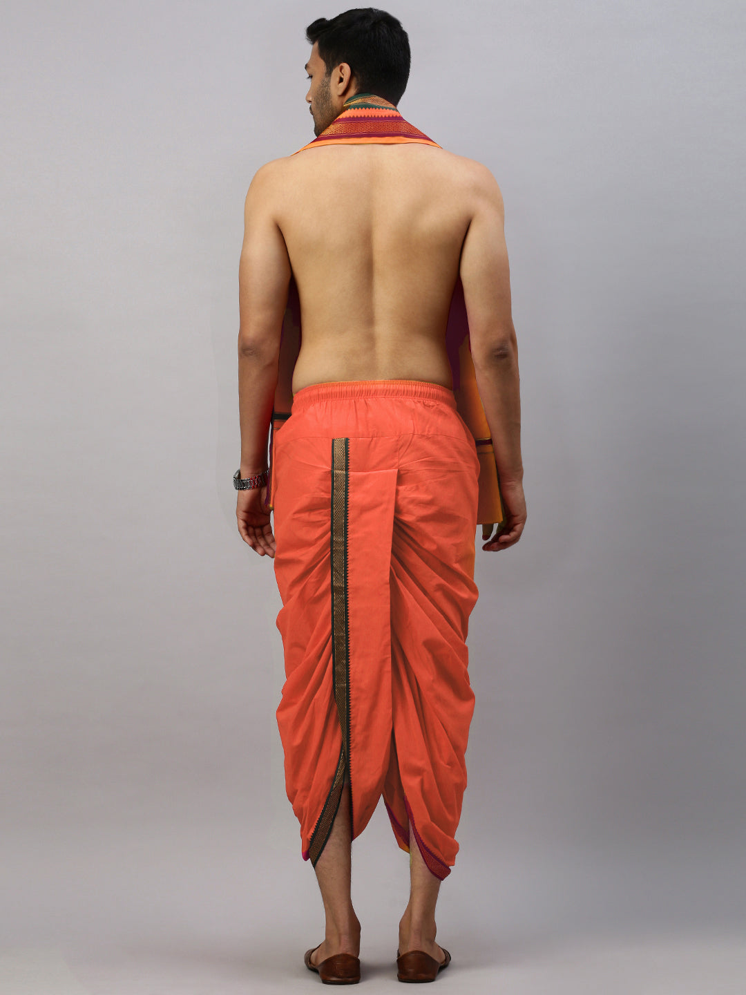 Men Readymade Panchakacham & Towel Set Orange Naivedhya