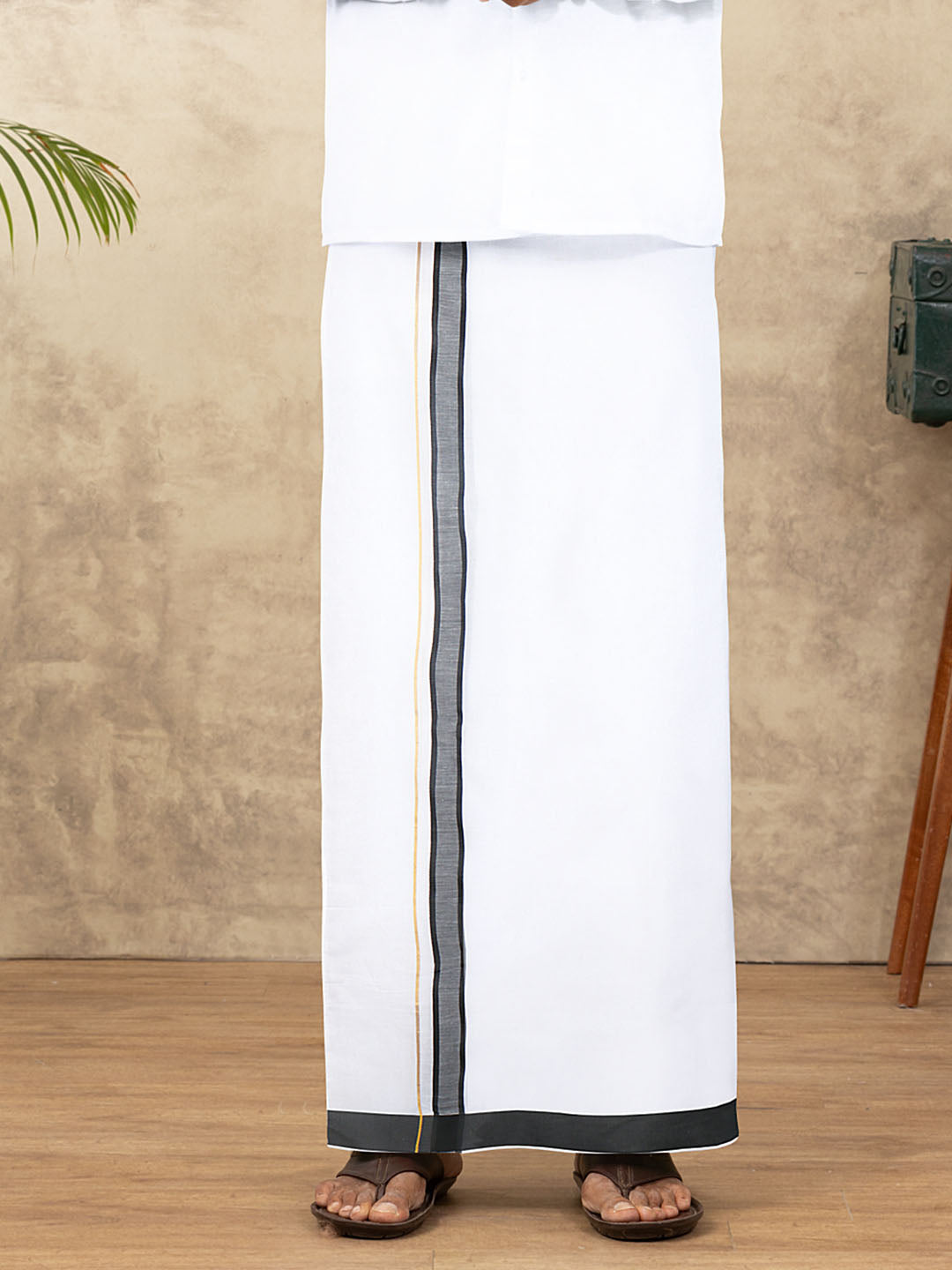 Men Cotton Blend Readymade Double Layer White Dhoti with Fancy Jari Border GFDA04