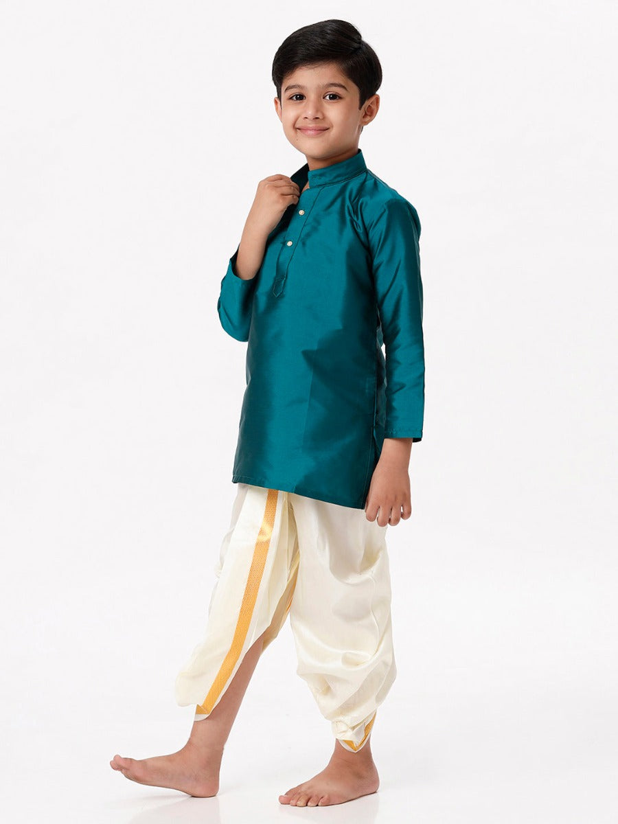 Boys Silk Cotton Full Sleeves Dark Green Kurta with Panchakacham Combo-Side view