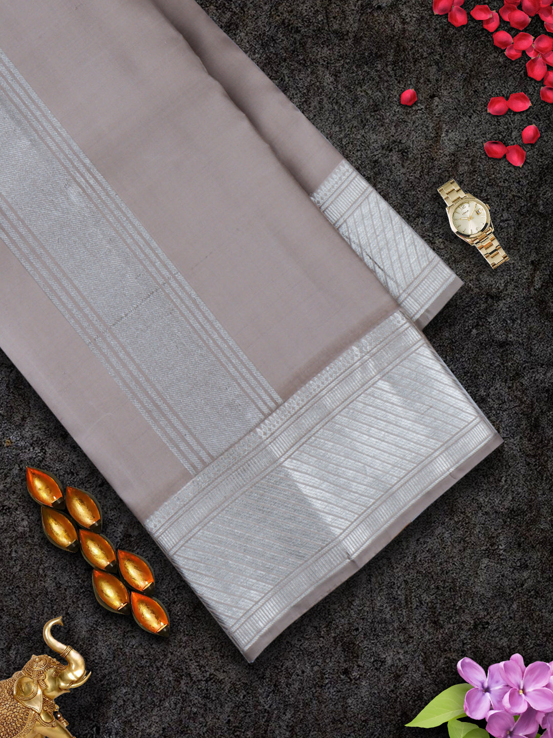 Mens Pure Silk Grey 4 1/2" Fawn Silver Jari Border Dhoti With Towel Amirtham-View three